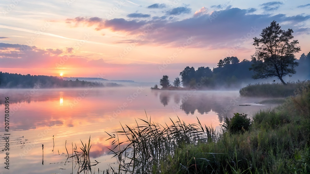 Naklejka premium Tranquil lakeside mist at sunrise with calm water and