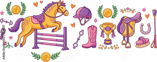 Fotografi Equestrian sports vector illustration with horse jumping hurdle, riding helmet,