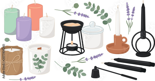 Photos Decorative candle vector illustration featuring pillar candles, taper holders, w