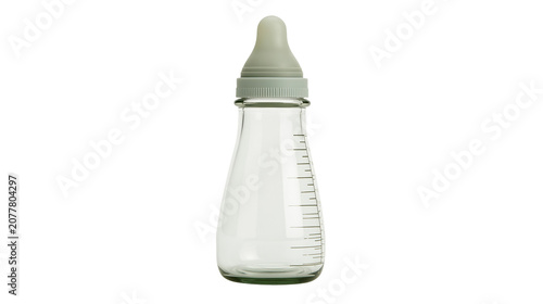 Foto Glass baby bottle with measurement markings and grey nipple