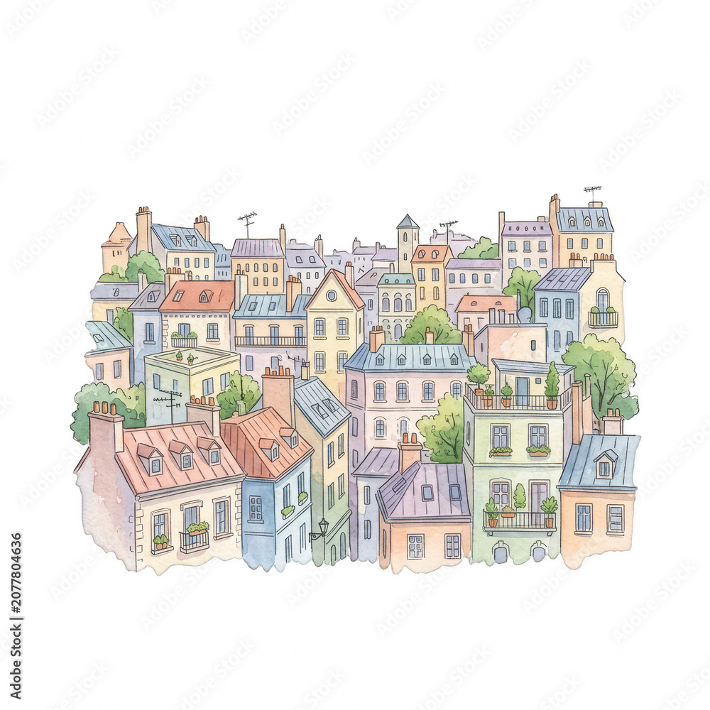 Naklejka premium Watercolor illustration of a European town with historic buildings