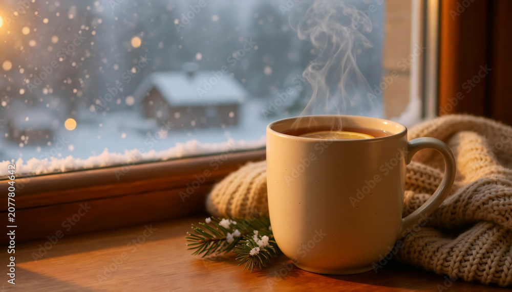 Fototapeta premium Warm Cup Of Steaming Tea Beside A Cozy Knitted Blanket On A Snowy Winter Morning