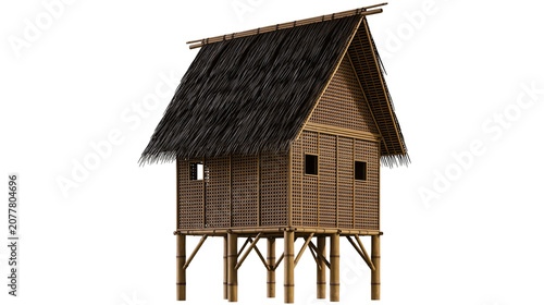 Tableau sur toile Stilt hut with thatched roof made of bamboo and palm leaves