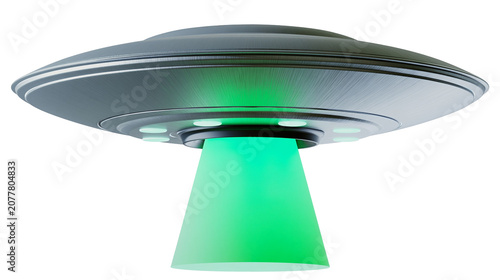 Φωτογραφία Silver flying saucer emitting green light beam