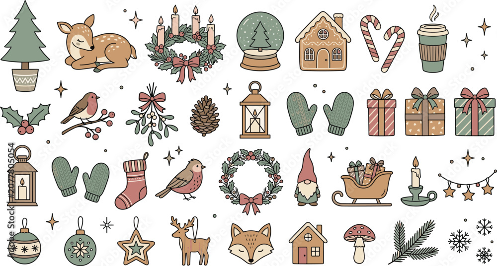 Fototapeta premium Cozy Scandinavian Christmas Winter Sticker Mega Set with Gnome, Deer, Robin, Wreath, Lantern, and Festive Holiday Elements Vector Collection