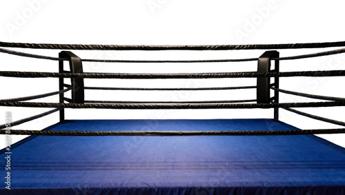 Bild auf Leinwand Empty blue boxing ring with black ropes and posts, isolated on transparent backg