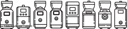 Line drawing of various portable food warmers and kettles in a row Vector