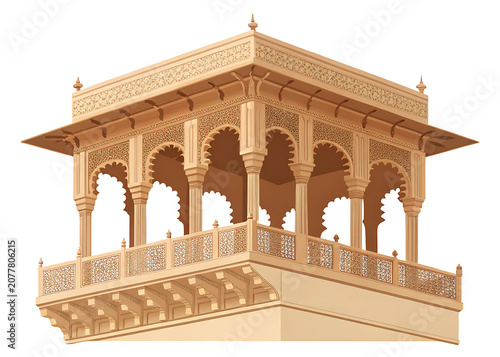 Amber Fort projecting balcony with ornate brackets, Rajput architectural detail, flat vector illustration