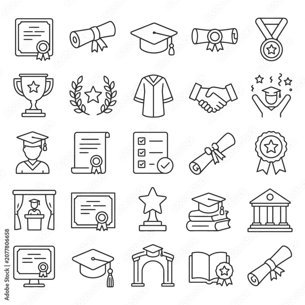 Fototapeta premium Graduation icons set: diplomas, caps, trophies, medals, certificates, gowns, awards.