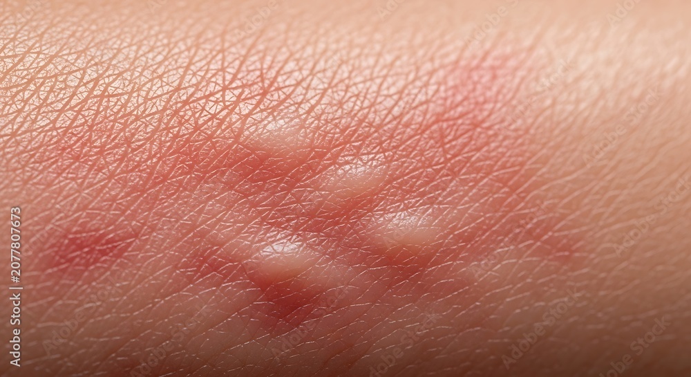 Fototapeta premium Close-up of skin rash with blisters and redness indicating irritation or infection.