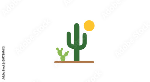 Minimalist cactus and sun illustration conveying a desert landscape theme