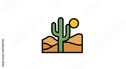 Desert scene illustration with cactus, sun, and sand dunes in a minimalistic colorful style