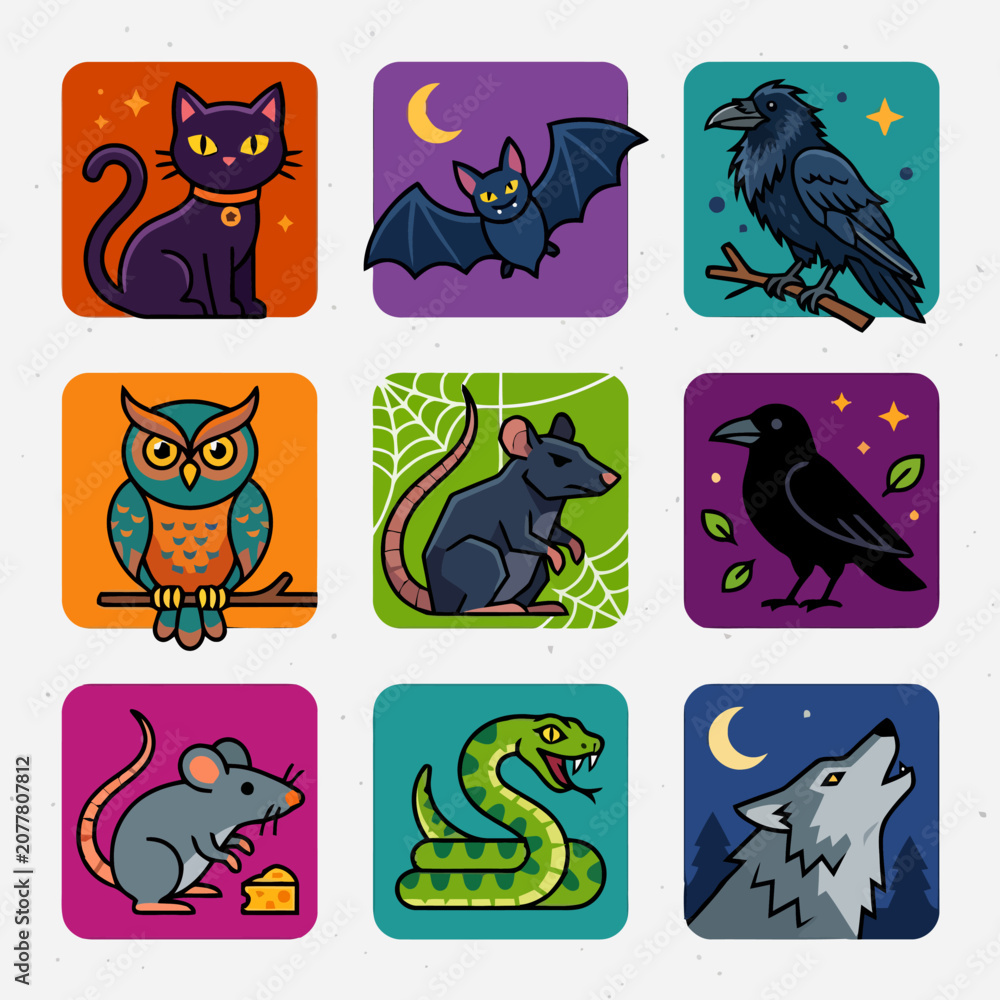 Fototapeta premium Halloween themed Animal Illustrations Vector Graphics With Colorful Backgrounds And Decorative Elements