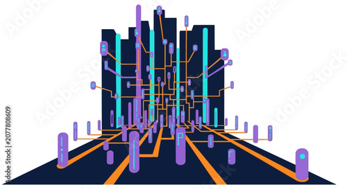 Smart city network with glowing data paths and urban structures