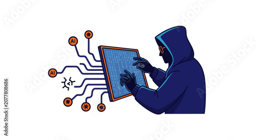 Cyber security concept with hacker interacting with malicious ai code