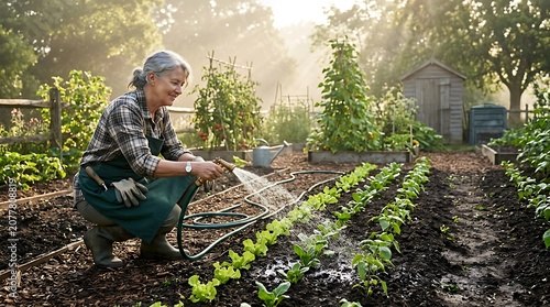 Senior woman watering vegetable seedlings in a rustic home garden at sunrise with gardening watering vegetables seedlings agriculture