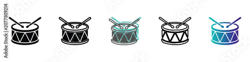 Foto A set of five drum illustrations, including solid black, outline, and gradient v