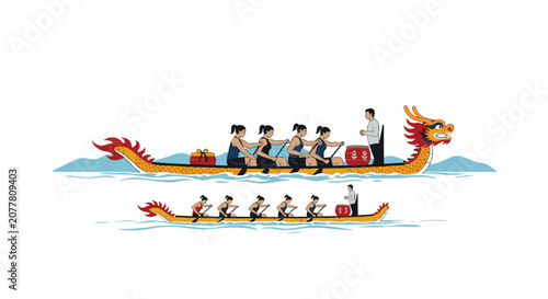 Fotografía Dynamic Dragon Boat Team Racing On Water.
