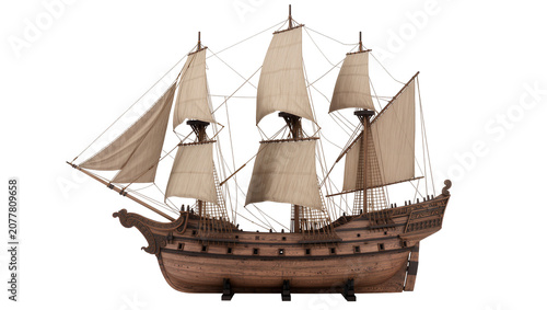 Принти на полотні Detailed wooden tall ship model with sails, isolated on transparent background