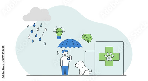 Fotografie Person With Umbrella Protecting Dog From Rain.