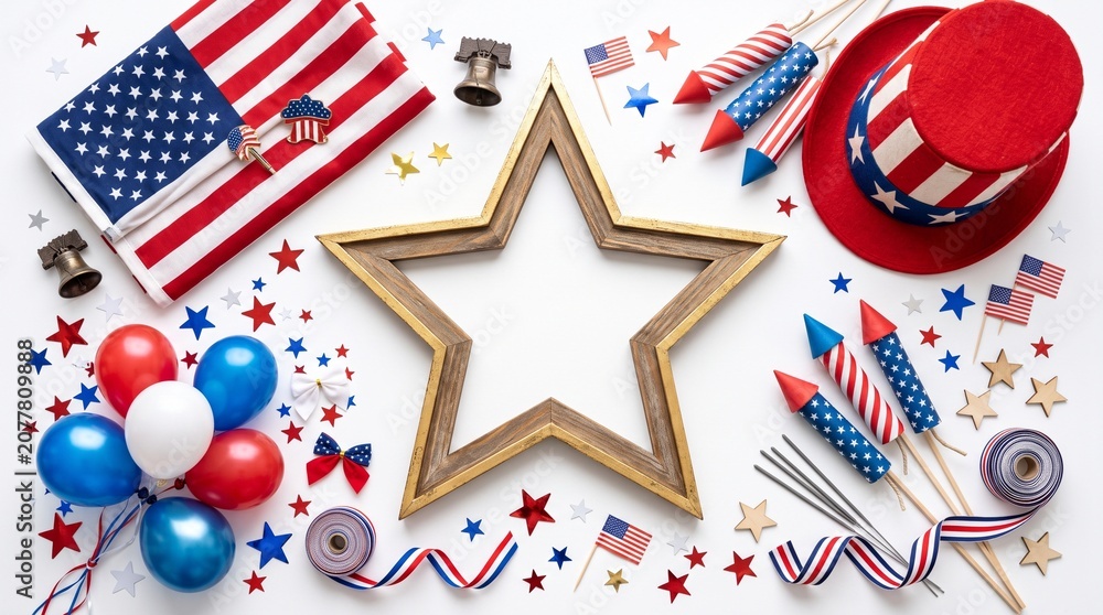 Fototapeta premium A flat lay composition features a rustic wooden star frame surrounded by patriotic accessories including striped rockets red white blue balloons miniature flags a top hat and metallic festive confetti