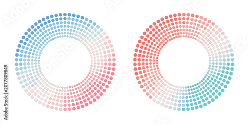 Abstract vector circular shapes with red and blue gradient dots on transparent background.