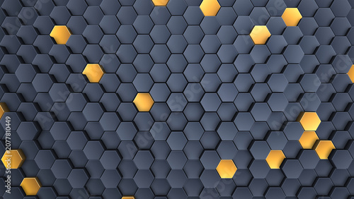 Abstract illustration of dark and gold hexagonal pillars representing technological innovation and structure