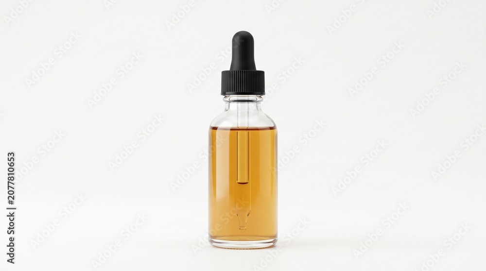 Naklejka premium Glass dropper bottle with amber liquid isolated on white background