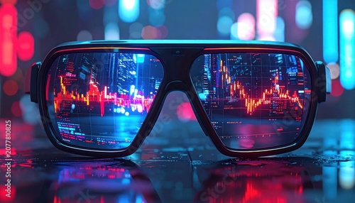 Futuristic Glasses Displaying Financial Graphs and Charts.