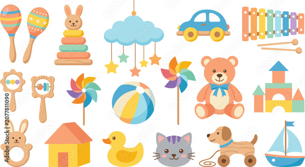 Obraz premium Colorful Flat Style Kids Toy Collection with Teddy Bear, Xylophone, Wooden Blocks, Bunny, and Playroom Elements Vector Set