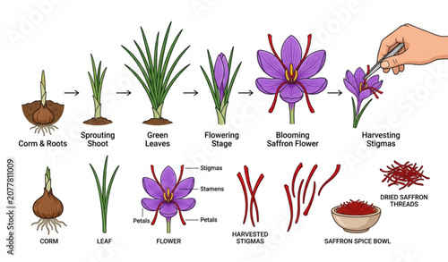 Bild auf Leinwand Saffron Flower Plant Growth Stages Botanical Vector Illustration with Spice and