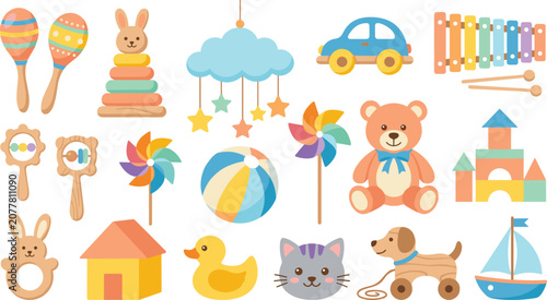 Colorful Flat Style Kids Toy Collection with Teddy Bear, Xylophone, Wooden Blocks, Bunny, and Playroom Elements Vector Set