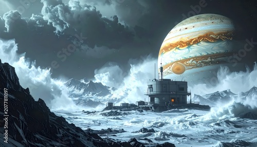 Futuristic Structure Amidst Stormy Sea Under Jupiter.