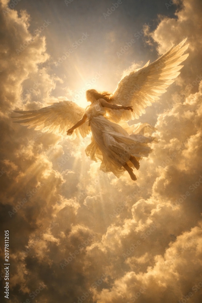 Obraz premium Ethereal angel amidst golden clouds.