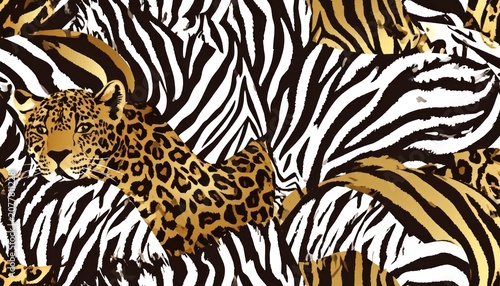 Leopard Lying on Zebra Animal Print Background.