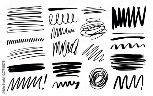 Fotografie Brightly lit collection of hand-drawn black ink scribbles and strokes composed with expressive energy on a white backdrop