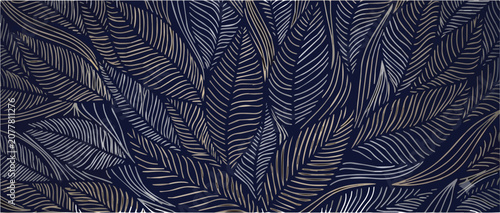Dark blue background with elegant tropical palm leaves pattern, golden and silver line art botanical illustration