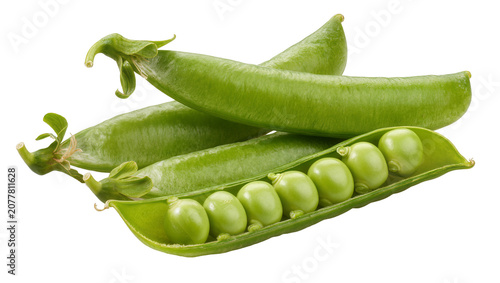 Tableau sur toile Fresh green peas in pods, one pod open showing round seeds
