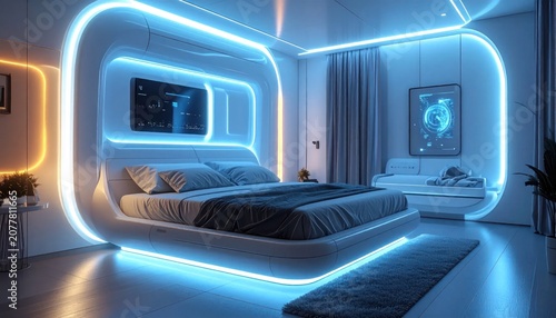 Modern Futuristic Bedroom with Neon Lights.