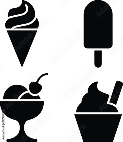 Ice Cream Silhouette Pack Vector | Cold Dessert Icon Set Minimal Black Collection Isolated on White