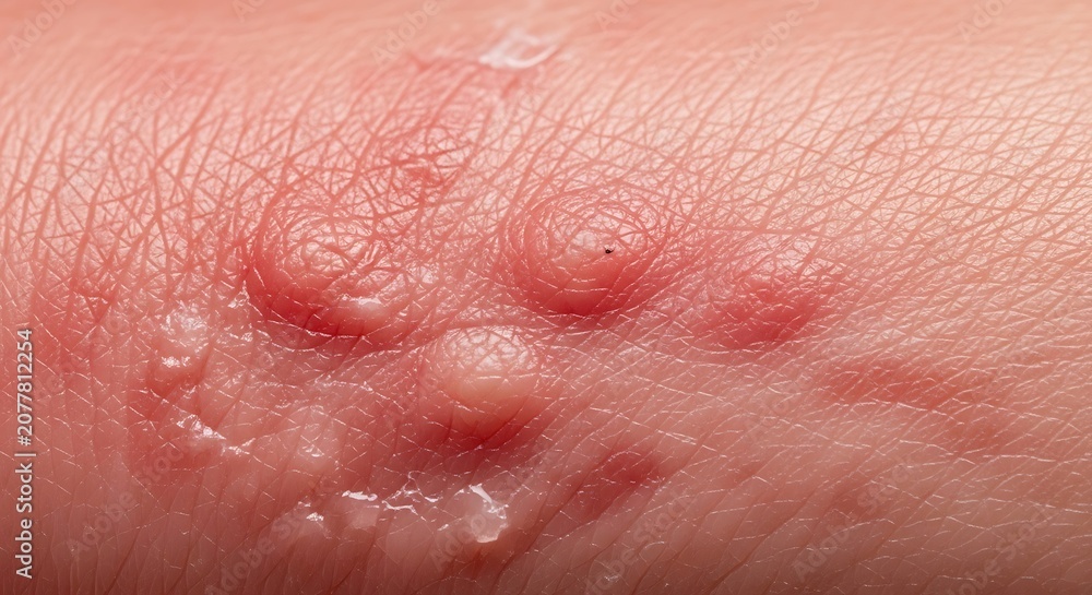 Fototapeta premium Close-up of skin with multiple blisters and redness, possibly indicating an allergic reaction or skin condition.