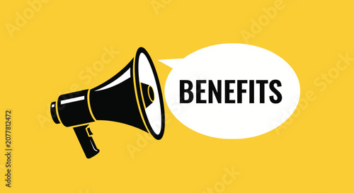 Conceptual image of a megaphone announcing benefits on a bright yellow background