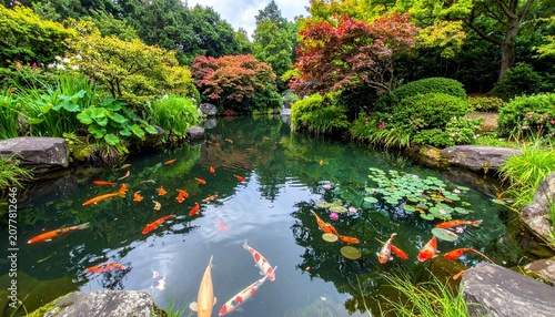 Serene Pond with Koi Fish and Lush Greenery.