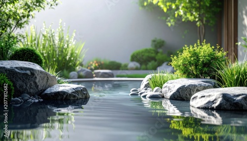 Serene Pond with Rocks and Greenery.