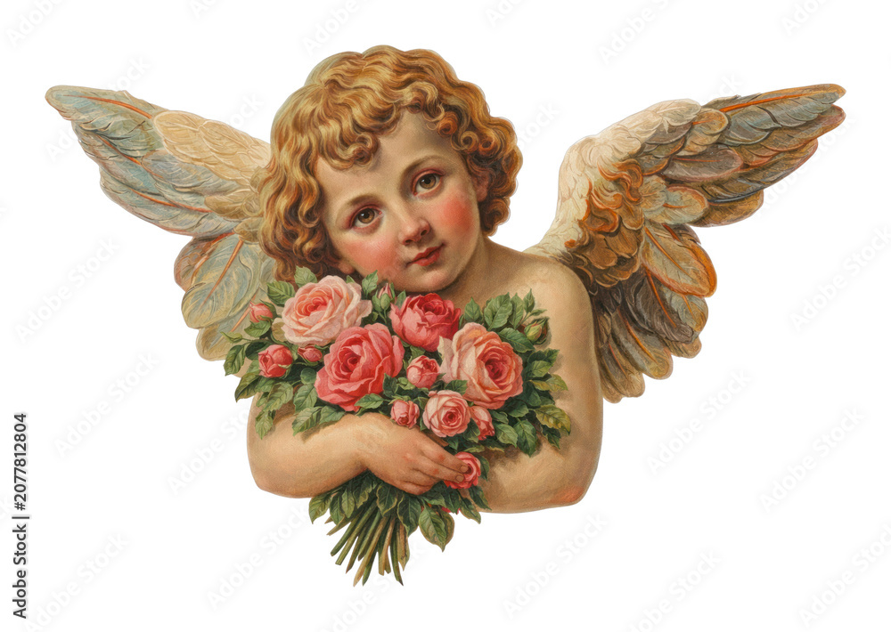 Obraz premium PNG Cherubic angel holding floral bouquet.