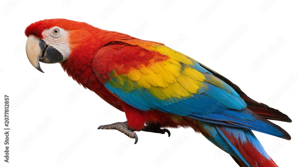 Obraz premium Scarlet macaw parrot with vibrant red yellow and blue feathers, isolated on transparent background