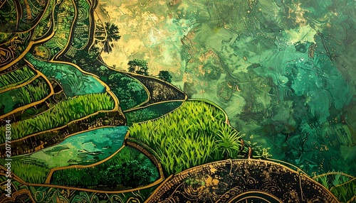 Terraced Rice Fields with Foggy Landscape.