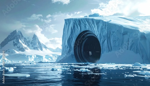 Surreal Iceberg Landscape with Camera Lens Portal.