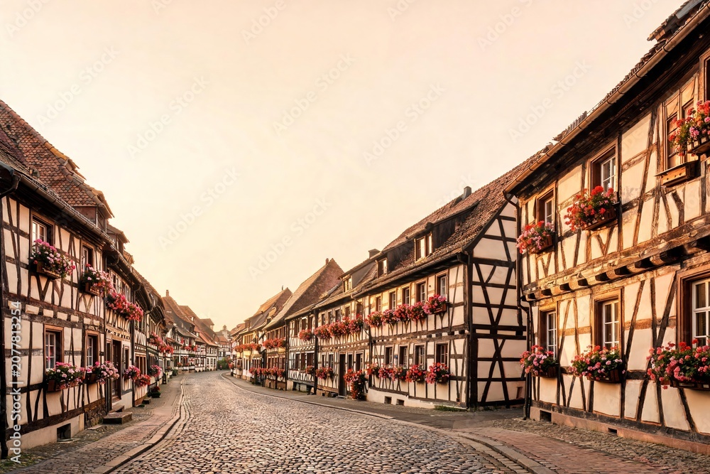 Fototapeta premium Half timbered houses with distinctive exposed wooden beams stand along a winding cobblestone street. Their windows adorned with vibrant flower boxes under a warm. Clear sky