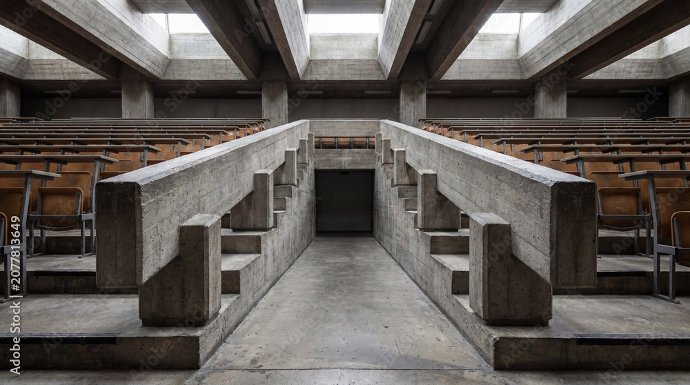 Fototapeta premium Thick Concrete Handrails Along Central Aisle Creating Brutalist Lecture Hall Architectural Interior Photography Scene Background
